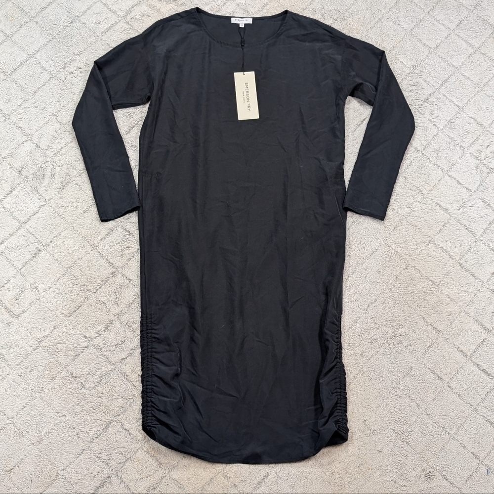 Emerson Fry Dress Womens XS Black Midi Ruched Tie Up Side Minimal Chic NEW